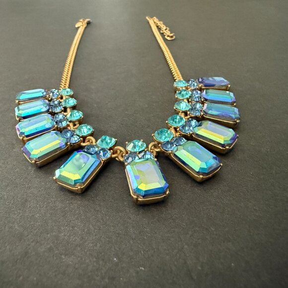 J Crew Statement Necklace Iridescent Blue Turquoise Crystal Stones Gold Adjustab - Picture 3 of 16